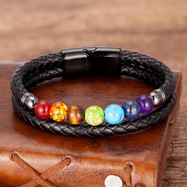 Pulsera 7 Chakras de Cuero para Hombre y Mujer negro
