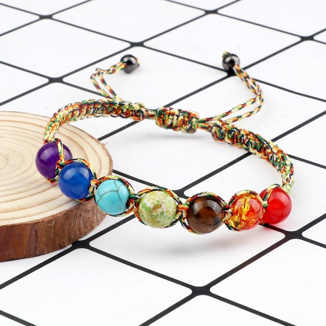Pulsera 7 Chakras Trenzada Gourmette Hombre Mujer Piedras Reales multicolor