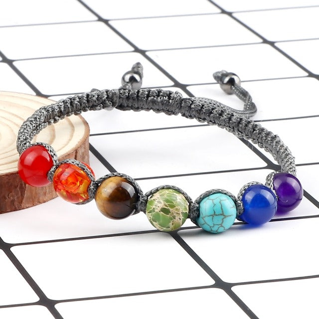 Pulsera 7 Chakras Trenzada Gourmette Hombre Mujer Piedras Reales gris