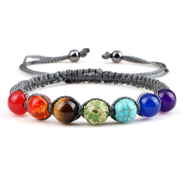 Pulsera 7 Chakras Trenzada Gourmette Hombre Mujer Piedras Reales gris