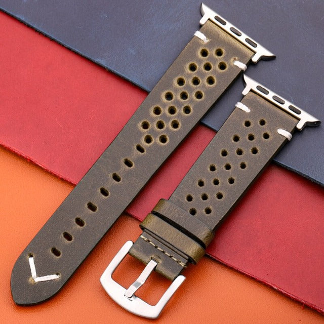 Correa para Apple Watch en Cuero Genuino verde kaki y plata