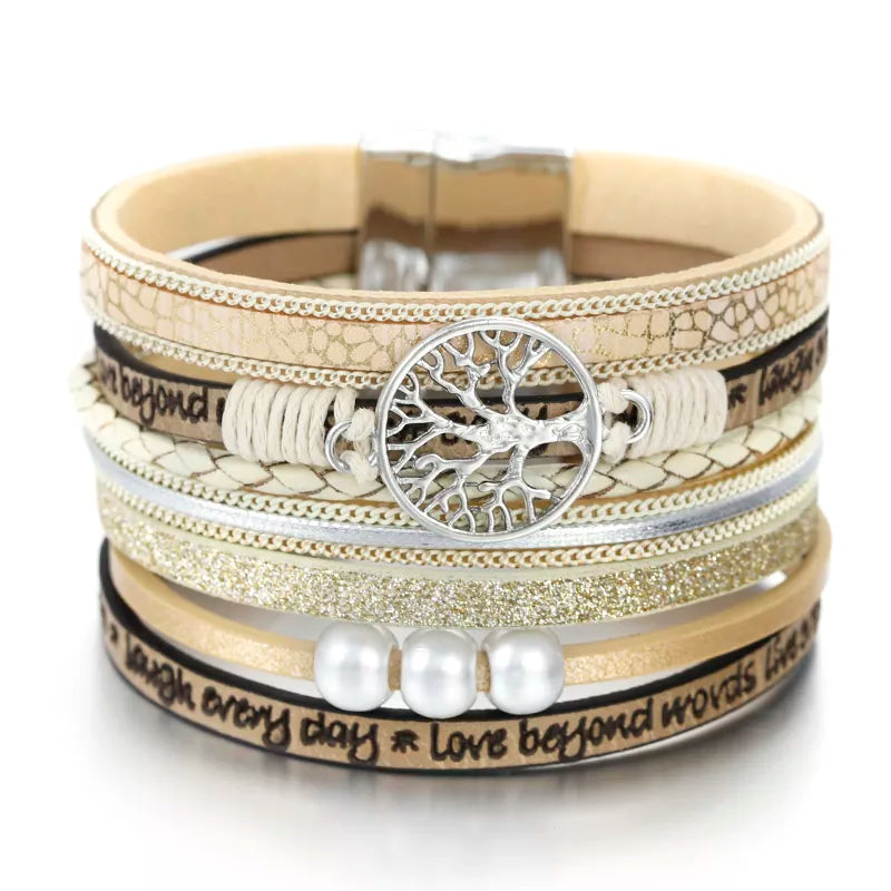 Pulsera Árbol de la Vida Gourmette en Cuero beige