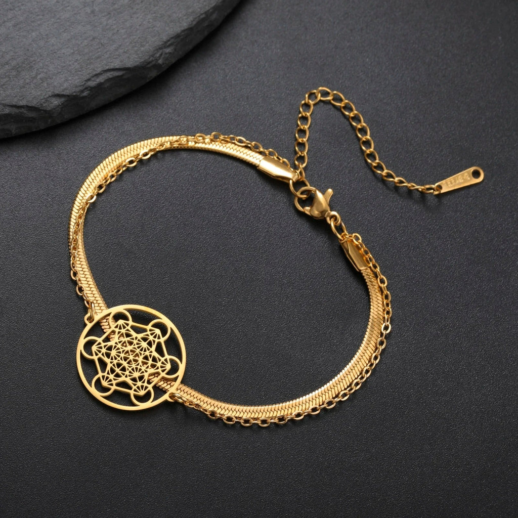 Pulsera con Colgante Cubo de Metatrón dorado