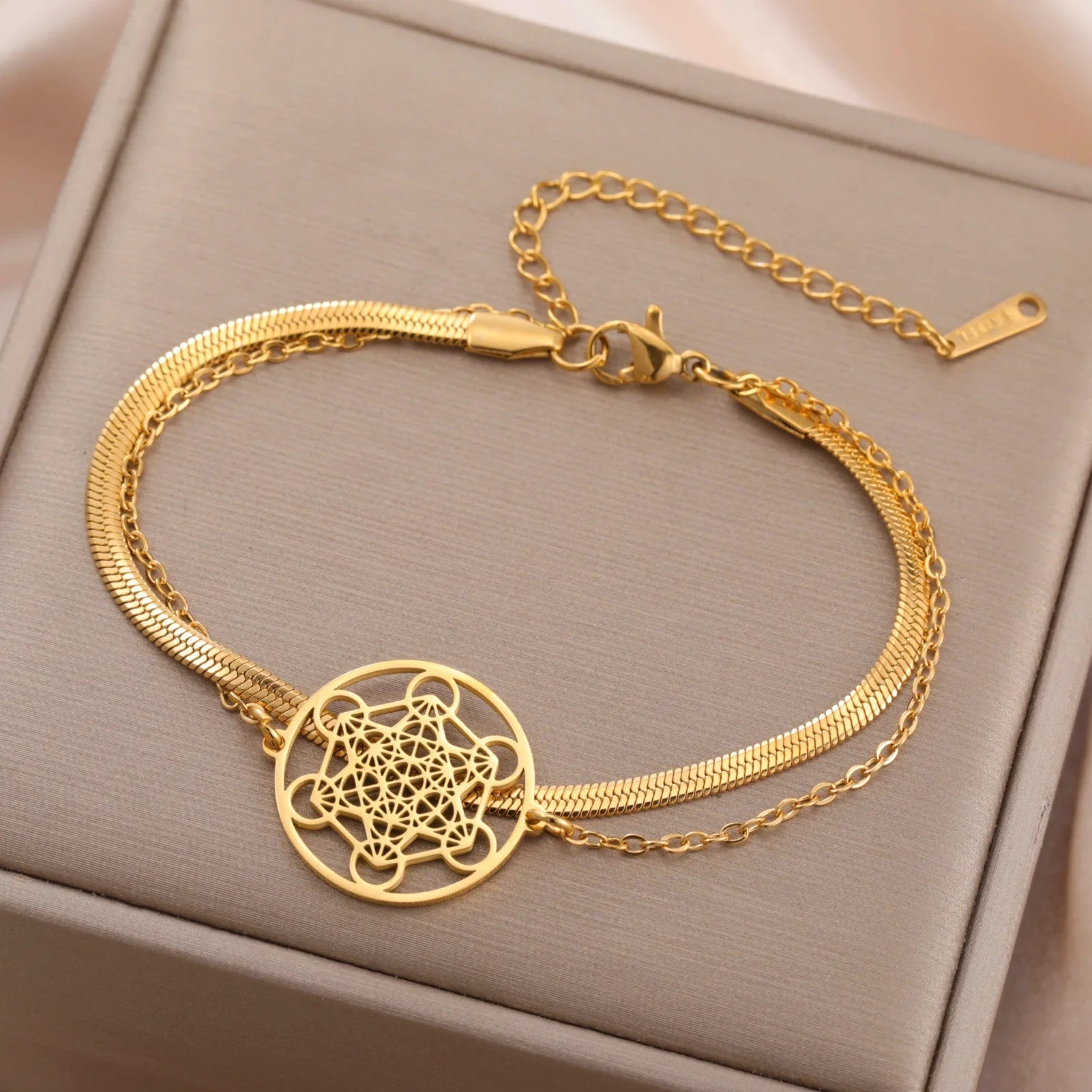 Pulsera con Colgante Cubo de Metatrón dorado