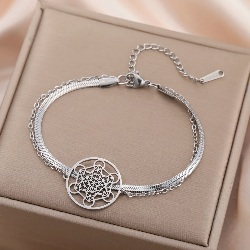 Pulsera con Colgante Cubo de Metatrón plateado