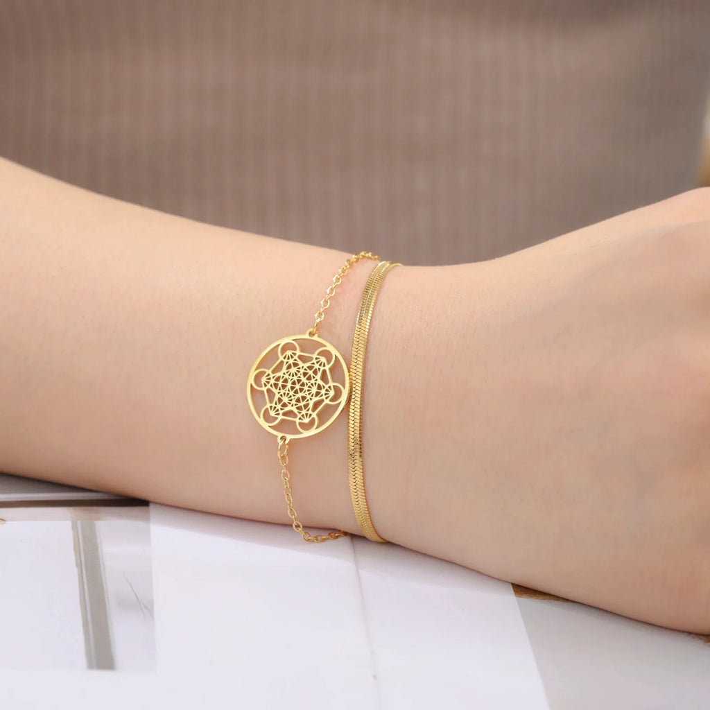 Pulsera con Colgante Cubo de Metatrón dorado