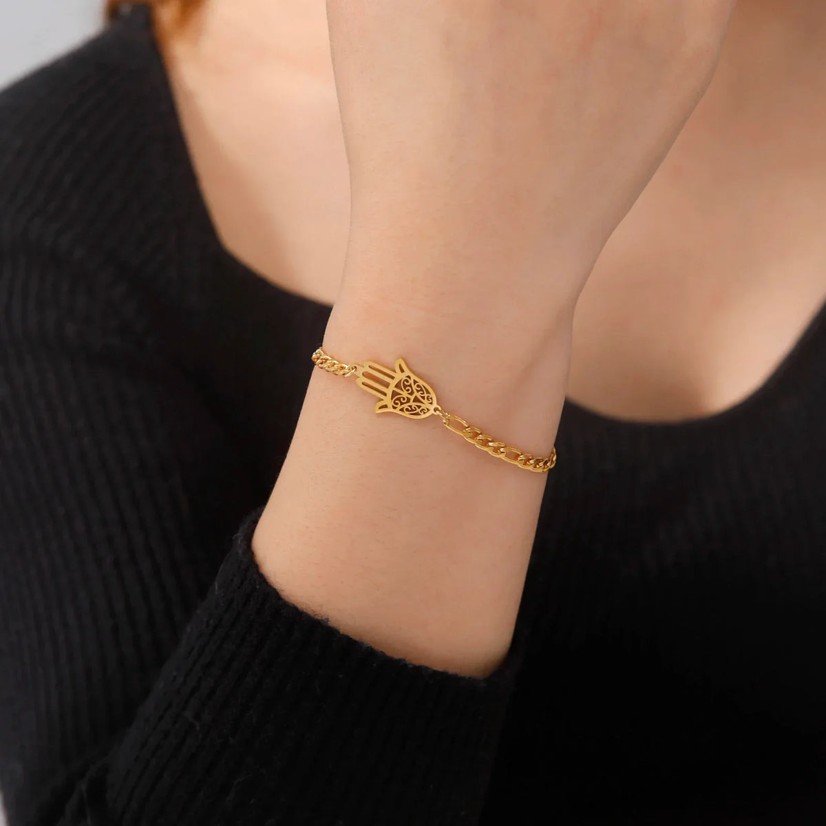 Pulsera con mano de Fátima dorada o plateada árabe oro