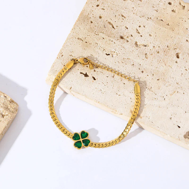 Pulsera con Trébol de 4 Hojas en Cristal Verde