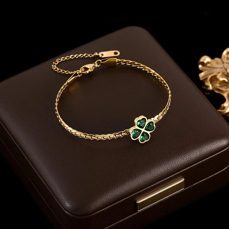 Pulsera con Trébol de 4 Hojas en Cristal Verde