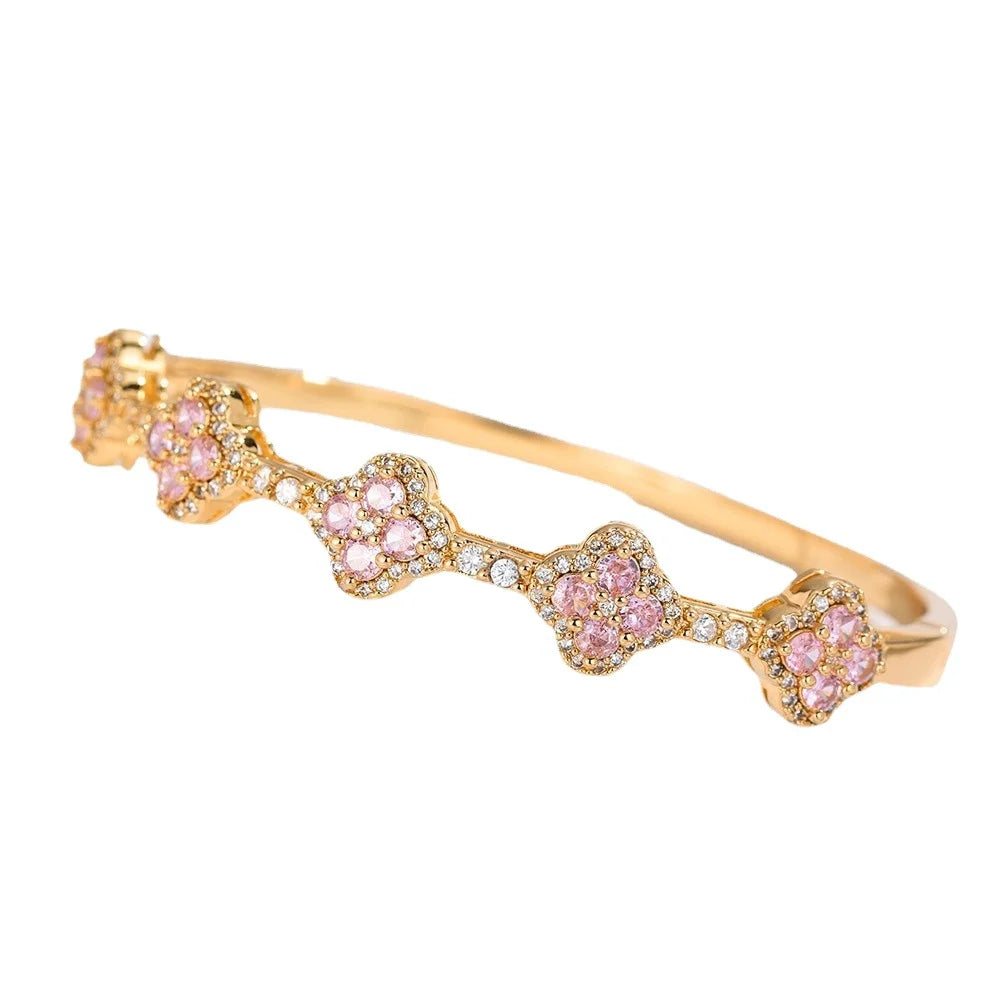 Pulsera con Tréboles de 4 Hojas en Circonita y Piedras rosas