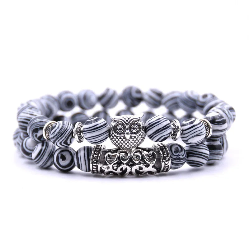 Pulsera Chouette - Gourmette Búhos Perlas blanco y negro