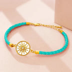 Pulsera Brújula de Cuero Rosa de los Vientos turquesa oro