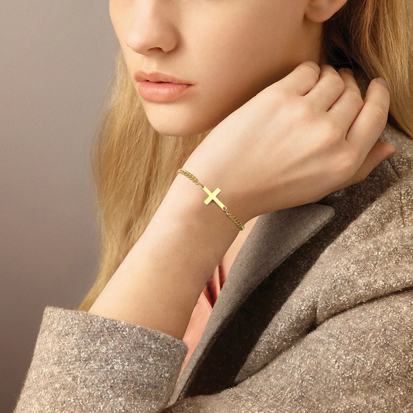 Pulsera Cruz Cadena Gourmet para Hombre o Mujer oro