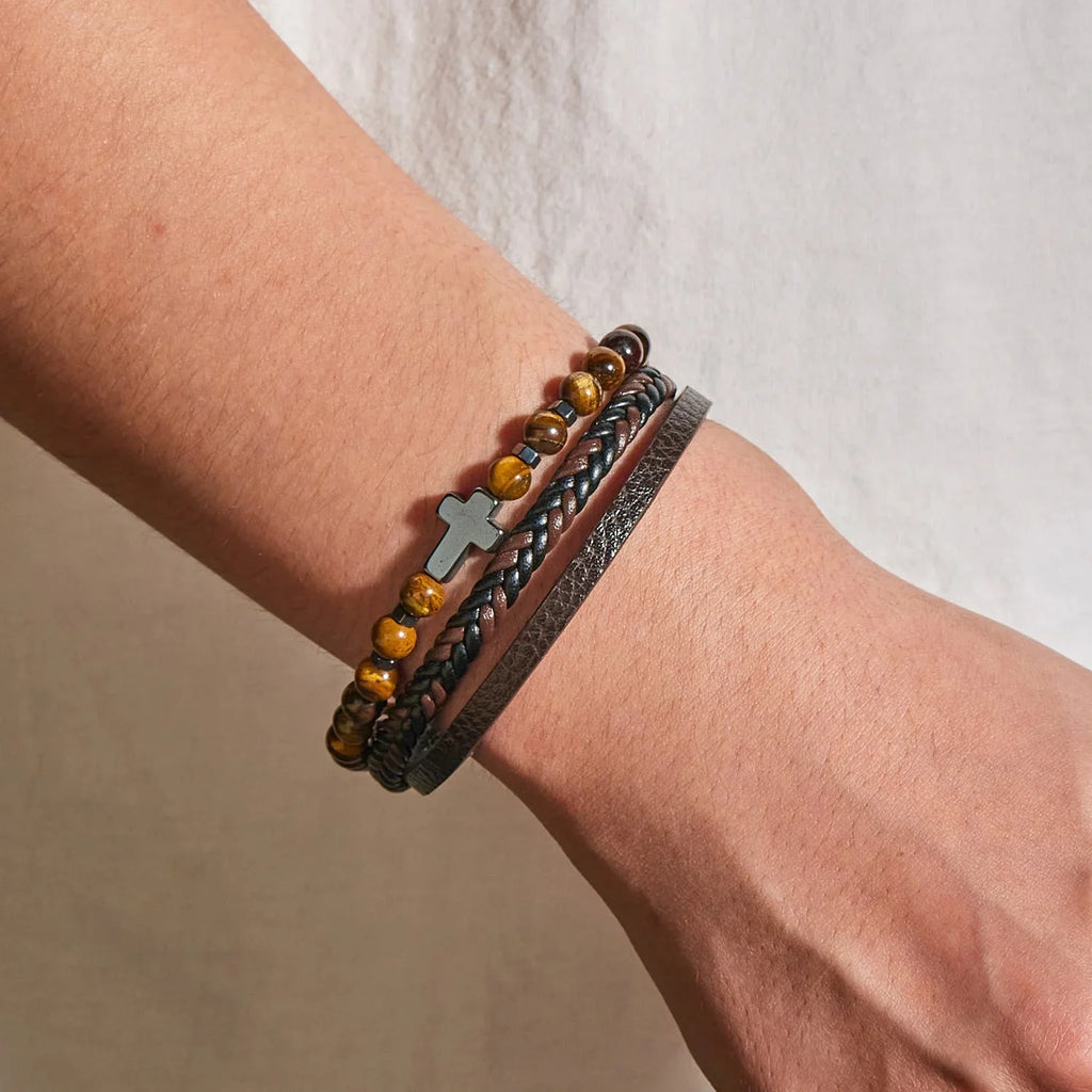 Pulsera Cruz Rosario con Piedras Naturales y Cuero
