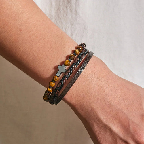 Pulsera Cruz Rosario con Piedras Naturales y Cuero