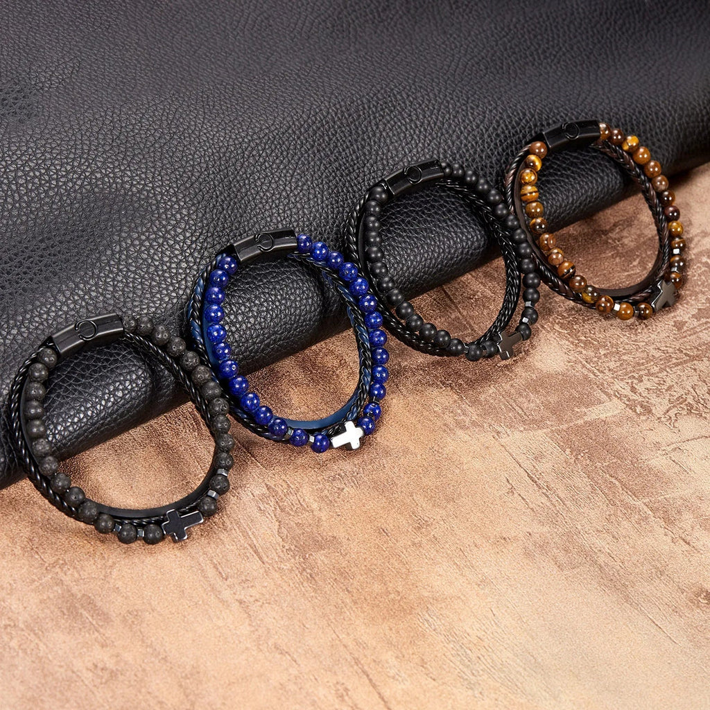Pulsera Cruz Rosario con Piedras Naturales y Cuero