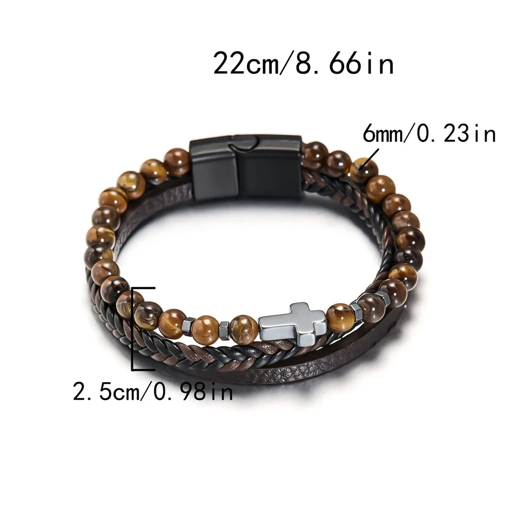 Pulsera Cruz Rosario en Piedras Naturales y Cuero