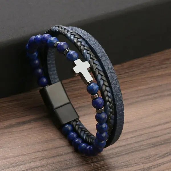 Pulsera Cruz Rosario con Piedras Naturales y Cuero