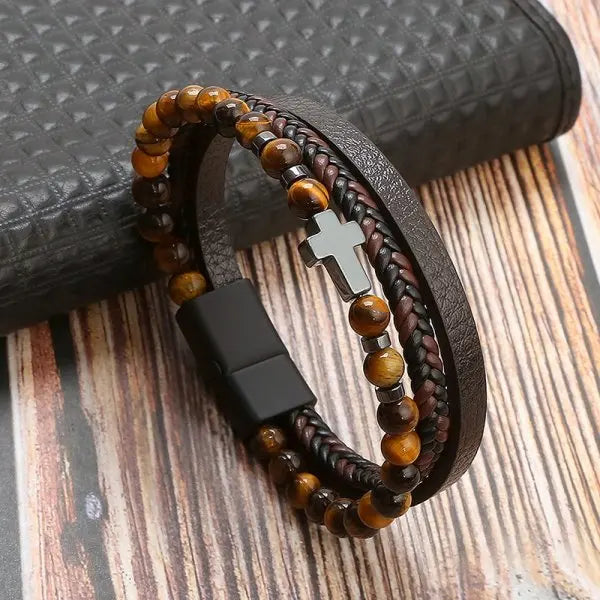 Pulsera Cruz Rosario con Piedras Naturales y Cuero