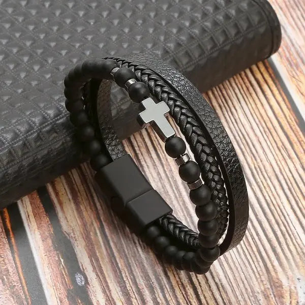 Pulsera Cruz Rosario con Piedras Naturales y Cuero