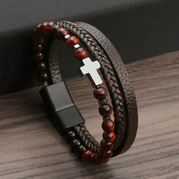 Pulsera Cruz Rosario con Piedras Naturales y Cuero