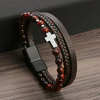 Pulsera Cruz Rosario con Piedras Naturales y Cuero