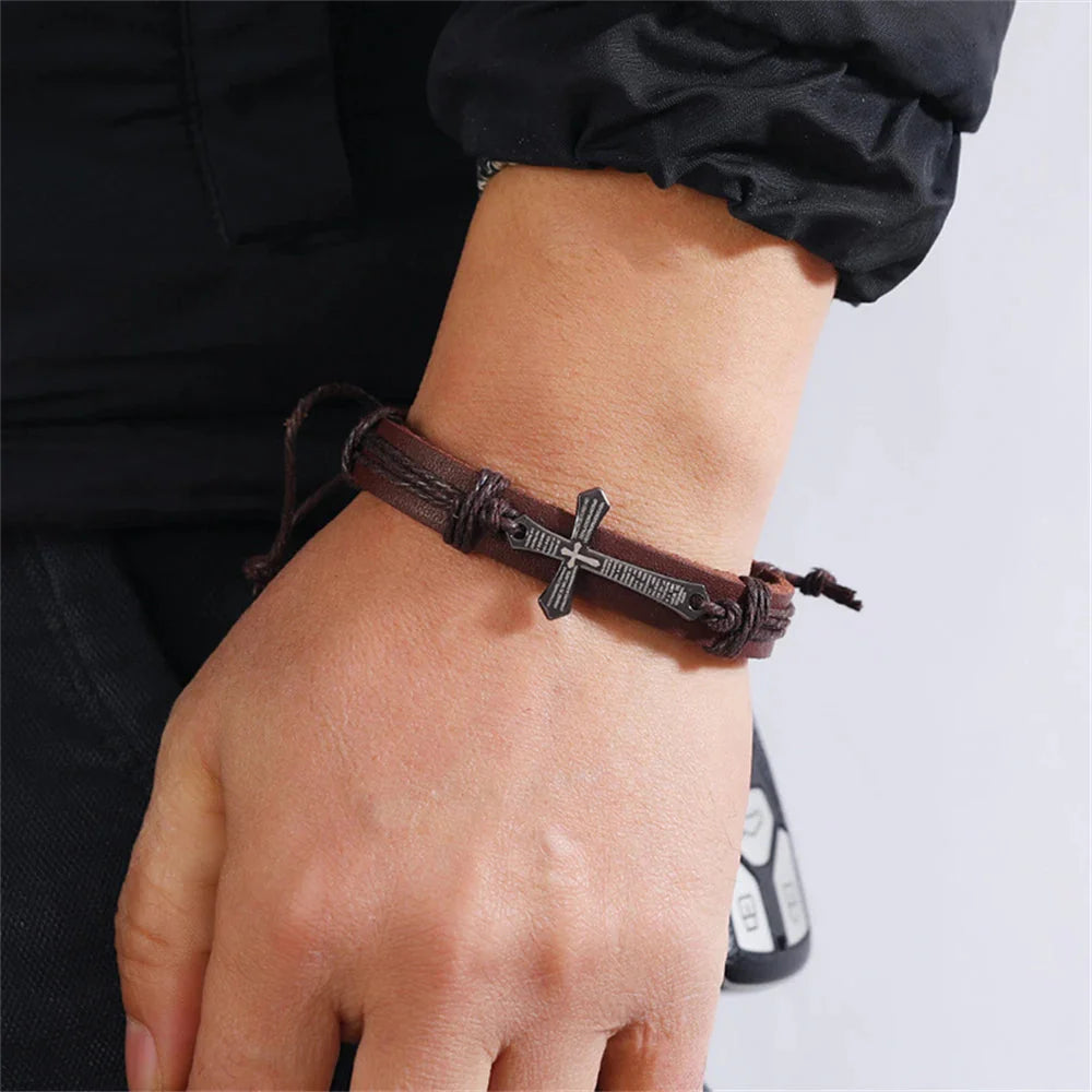 Pulsera Cruz de Cuero para Hombre marrón