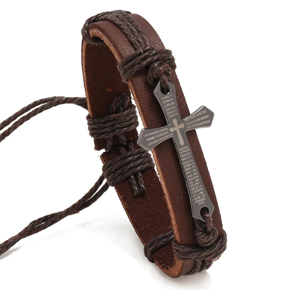 Pulsera Cruz de Cuero para Hombre marrón
