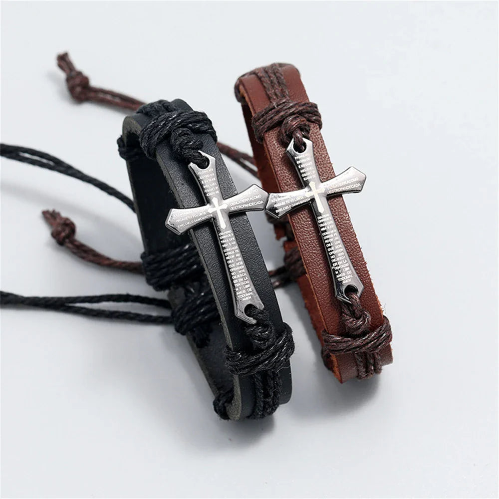 Pulsera Cruz de Cuero para Hombre negra
