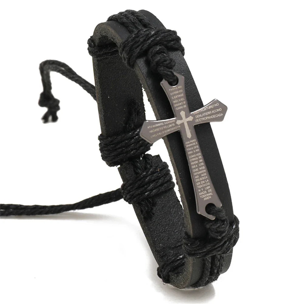 Pulsera Cruz de Cuero para Hombre negra