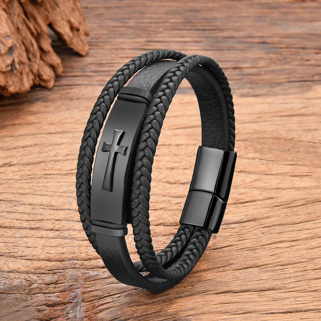 Pulsera Cruz de Cuero negro estilo a negro 