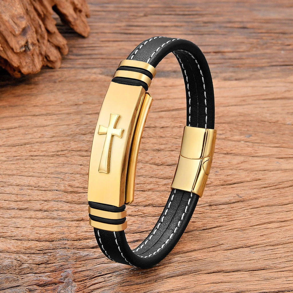 Pulsera Cruz de Cuero negro estilo a oro