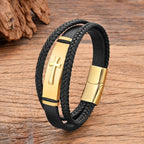 Pulsera Cruz de Cuero negro estilo b oro