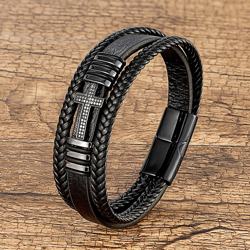 Pulsera Cruz y Trenza en Cuero negro