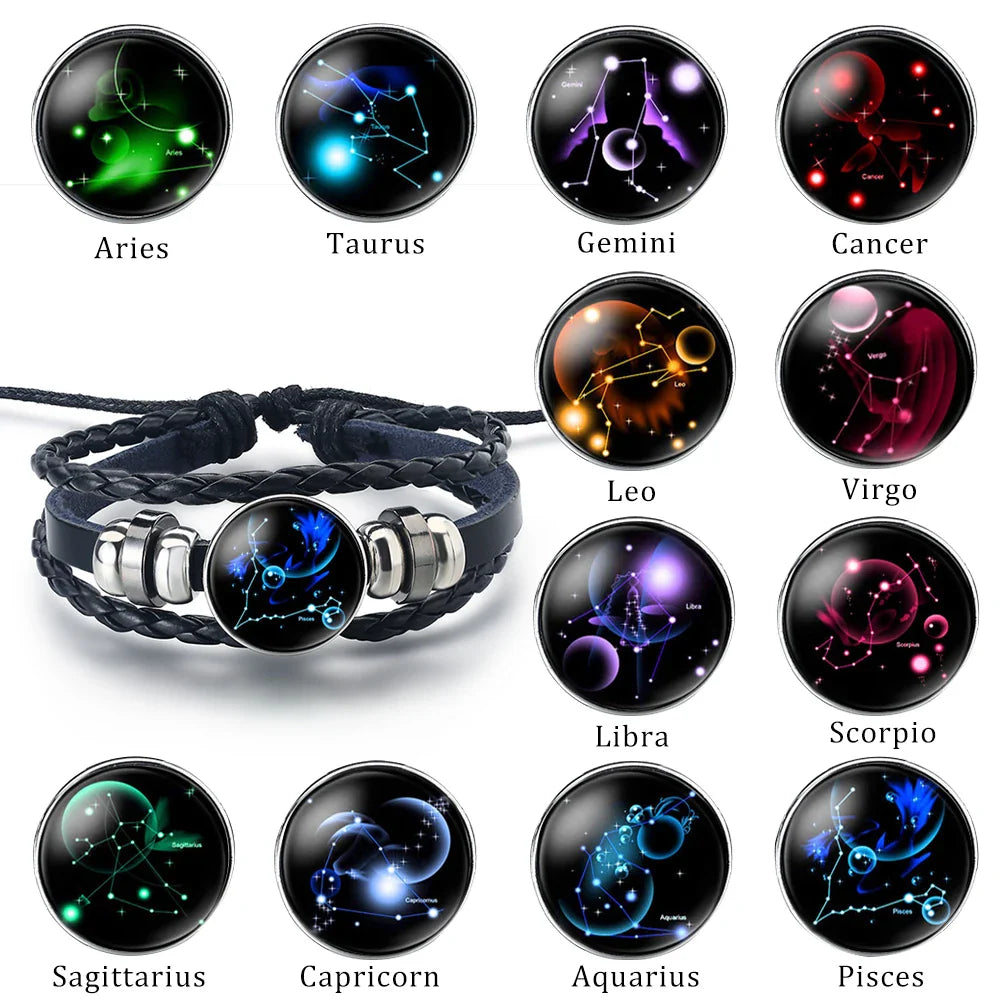 Pulsera de Cuero Signo del Zodiaco 12 Constelaciones