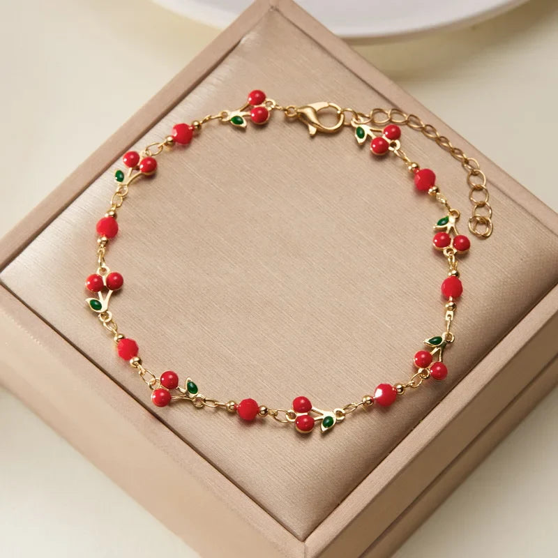 Pulsera de Tobillo con Flores y Cerezas