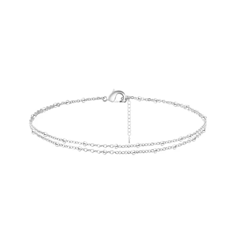 Pulsera de Tobillo Fina de Doble Fila plata