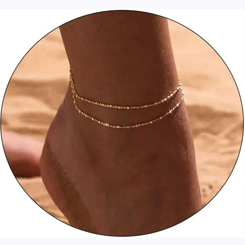Pulsera de Tobillo Fina de Doble Fila oro
