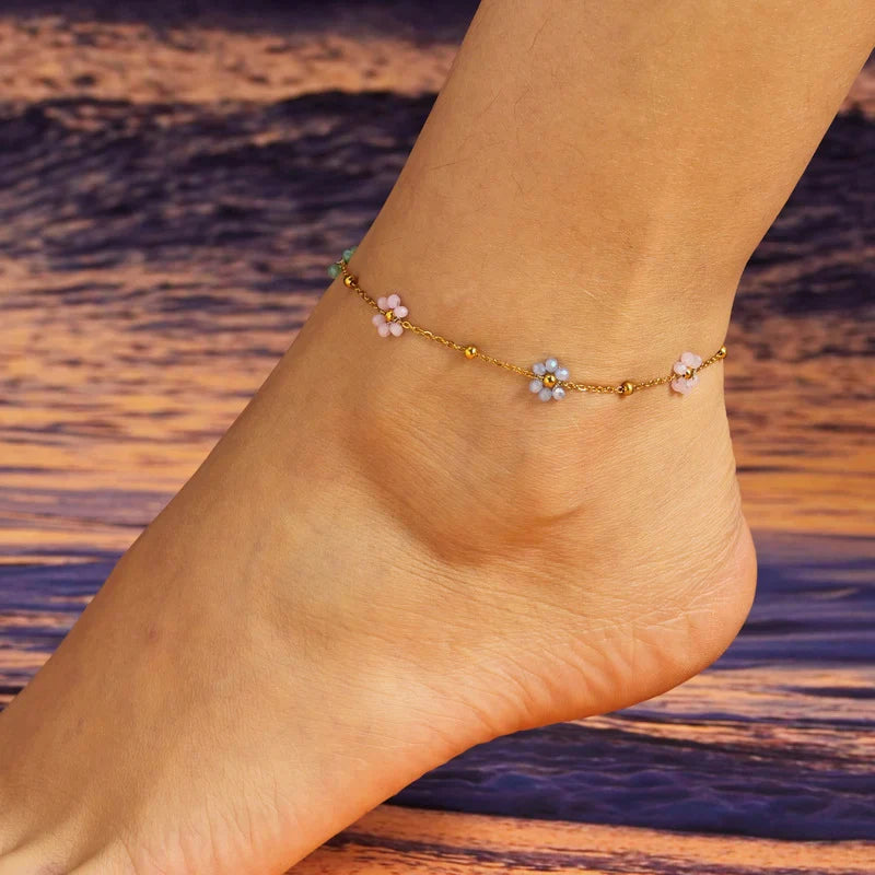 Pulsera de Tobillo con Flores de Colores