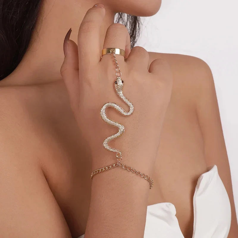 Pulsera de Mano Serpiente Joya para Mujer Cadena Mano y Dedo oro