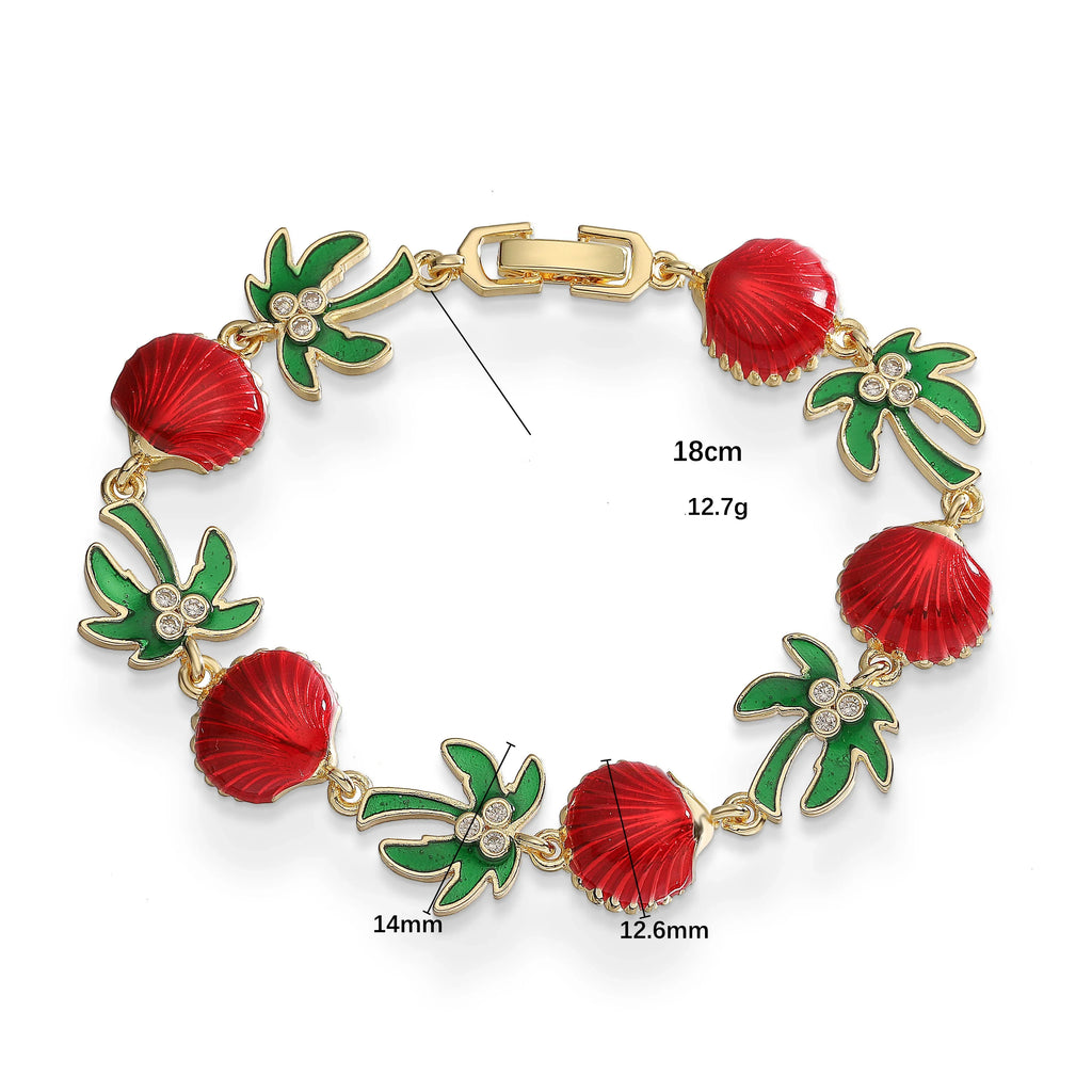 Pulsera de palmeras en esmalte verde y conchas rojas