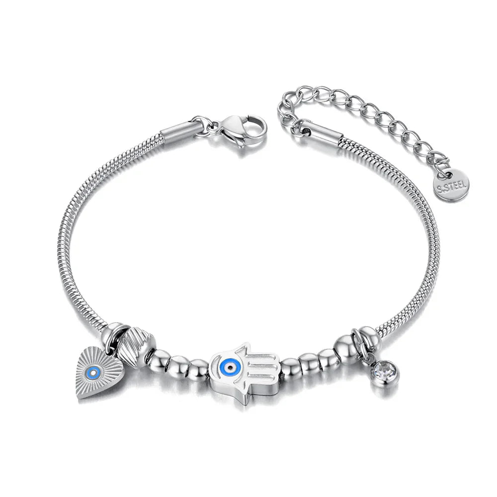 Pulsera de Protección con Mano de Fátima y Ojo Azul en plata