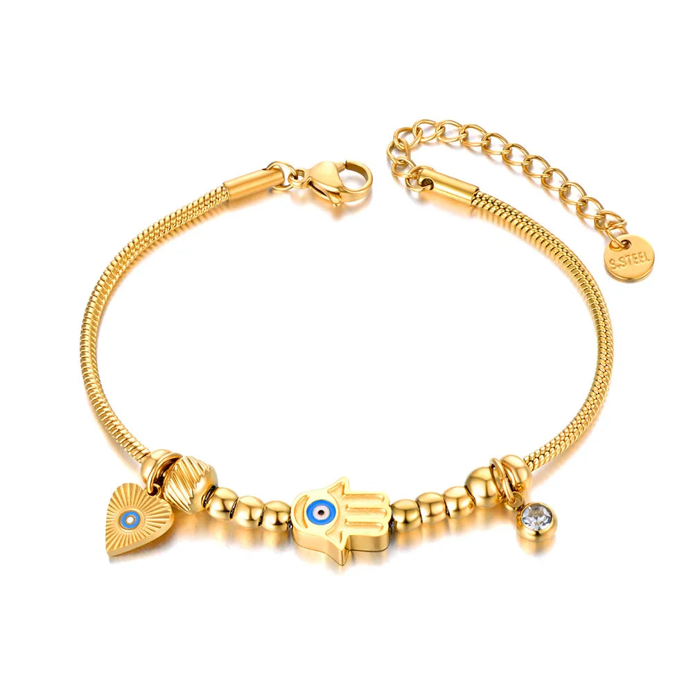 Pulsera de Protección con Mano de Fátima y Ojo Azul en oro
