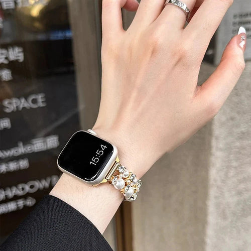 Correa de reemplazo para Apple Watch con strass y perlas doradas y perlas
