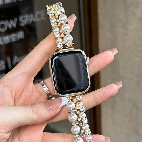 Correa de reemplazo para Apple Watch con strass y perlas doradas y perla