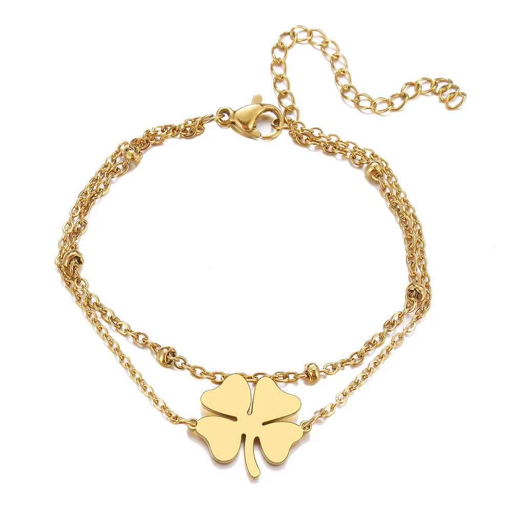 Pulsera Doble con Trébol de 4 Hojas oro