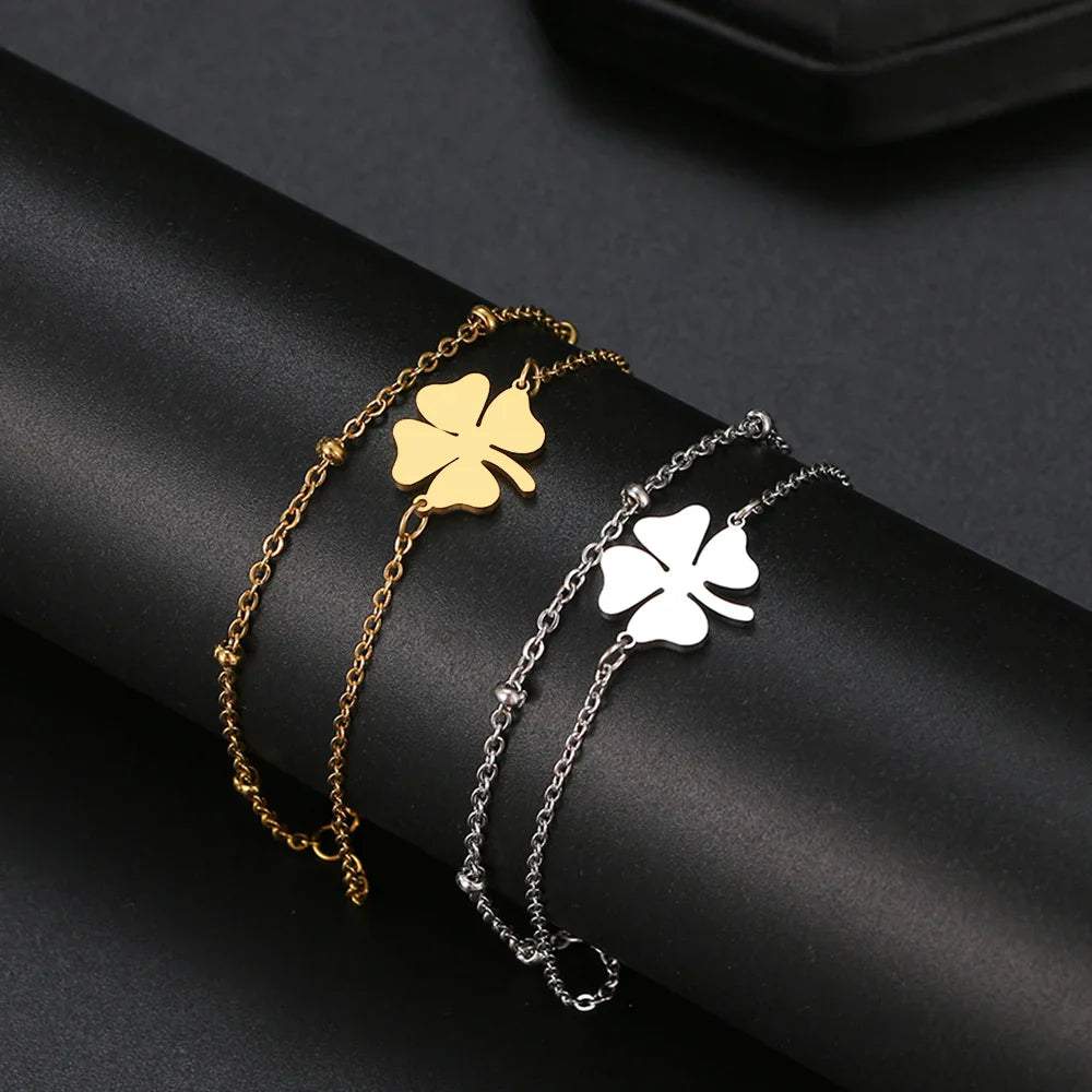  Pulsera Doble con Trébol de 4 Hojas oro