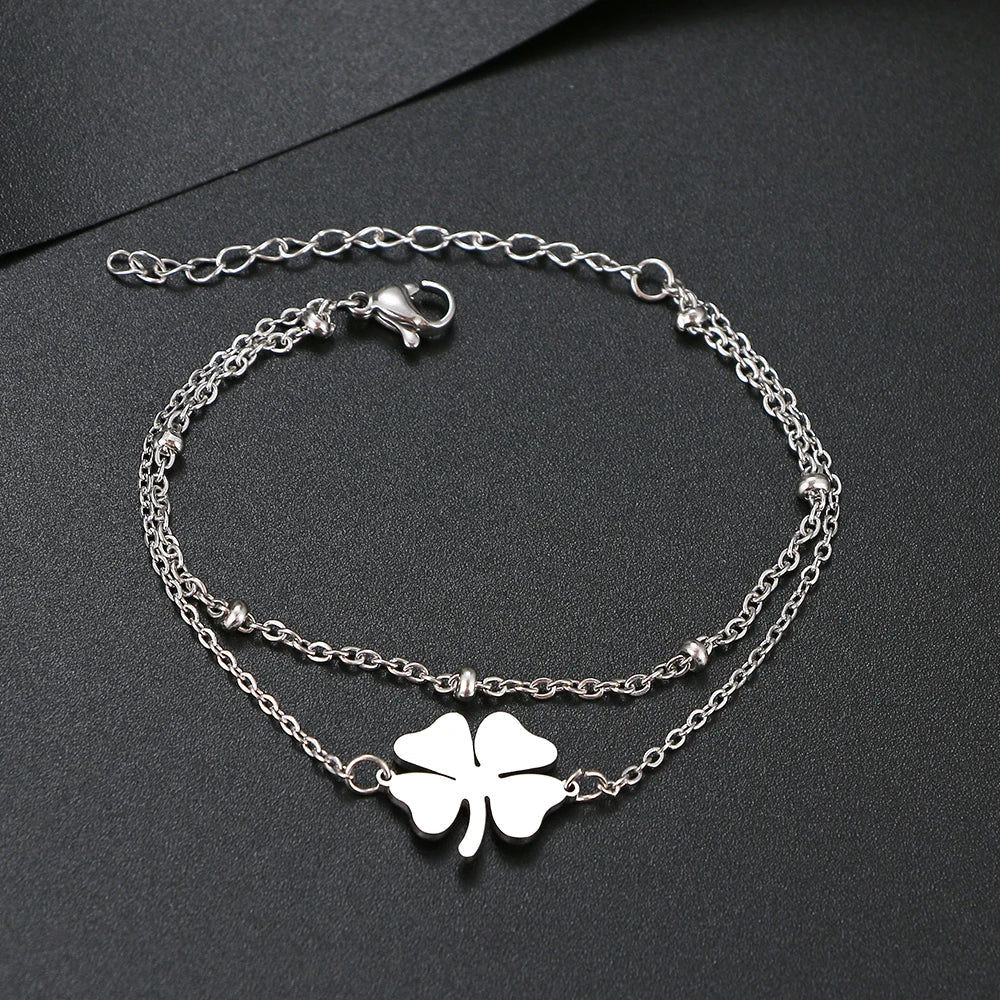 Pulsera Doble con Trébol de 4 Hojas plata