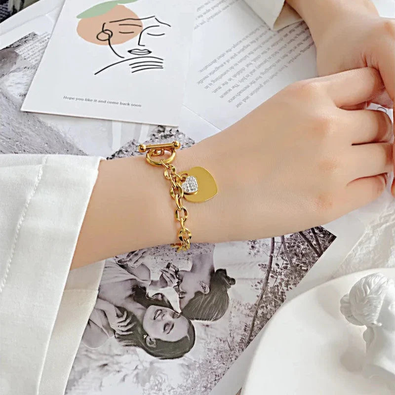 Pulsera Doble Corazón Gourmette para Mujer oro