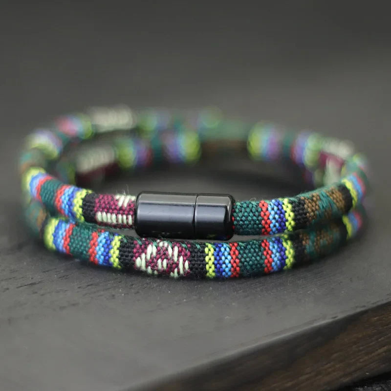 Pulsera Doble Trenzada Étnica Multicolor verde